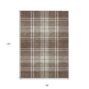 Homeroots 3' Stylish Artichoke Green Brown Ivory Plaid Washable Area Rug For Indoor Outdoor Spaces 8' X 10' Polyester 596318