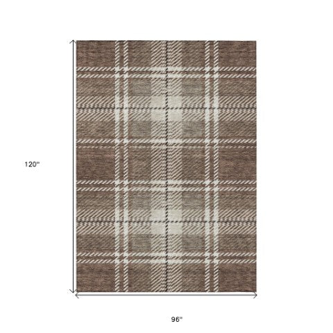 Homeroots 3' Stylish Artichoke Green Brown Ivory Plaid Washable Area Rug For Indoor Outdoor Spaces 8' X 10' Polyester 596318