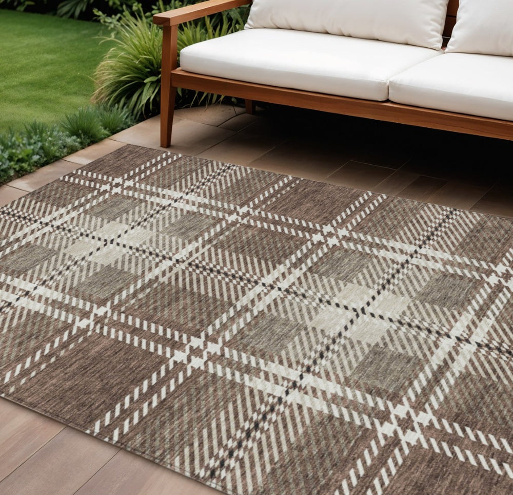 HomeRoots 9' X 12' Washable Brown, Black & Ivory Plaid Area Rug - Durable Indoor/Outdoor Style for Every Space 596319