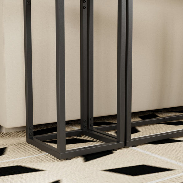 English Elm 3-piece narrow console set with PU leather edges, industrial farmhouse entry table trio, space-saving black brown blend W578P357516