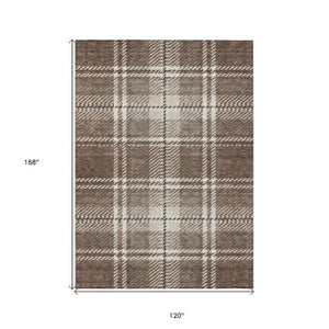 Homeroots 3' Stylish Artichoke Green Brown Ivory Plaid Washable Area Rug For Indoor Outdoor Spaces 10' X 14' Polyester 596320