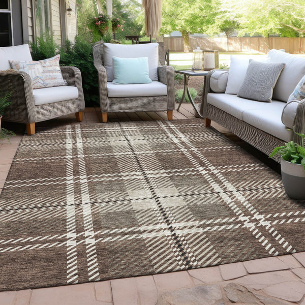 Homeroots 3' Stylish Artichoke Green Brown Ivory Plaid Washable Area Rug For Indoor Outdoor Spaces 10' X 14' Polyester 596320