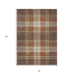 Homeroots 3' Stylish Artichoke Green Brown Ivory Plaid Washable Area Rug For Indoor Outdoor Spaces 3' X 5' Polyester 596321