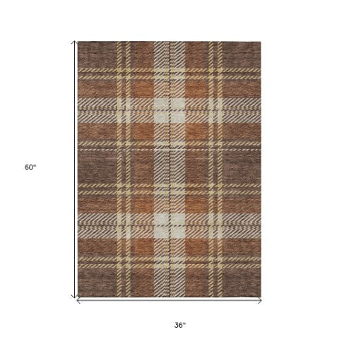 Homeroots 3' Stylish Artichoke Green Brown Ivory Plaid Washable Area Rug For Indoor Outdoor Spaces 3' X 5' Polyester 596321
