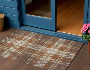 Homeroots 3' Stylish Artichoke Green Brown Ivory Plaid Washable Area Rug For Indoor Outdoor Spaces 3' X 5' Polyester 596321