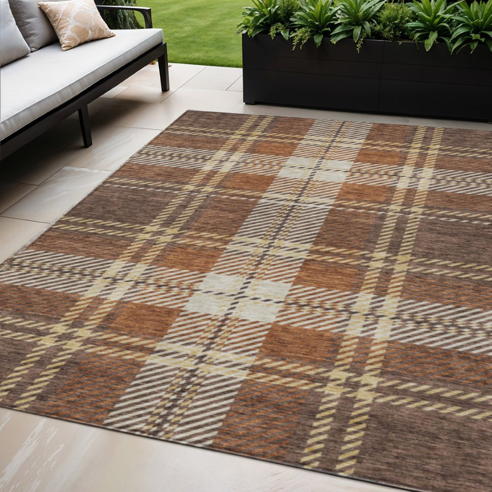 HomeRoots 5' Durable Chocolate Copper and Gold Plaid Indoor Outdoor Area Rug for Timeless Style & Comfort 5' X 8' 596322