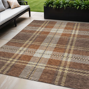 Homeroots 3' Stylish Artichoke Green Brown Ivory Plaid Washable Area Rug For Indoor Outdoor Spaces 5' X 8' Polyester 596322