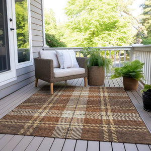 HomeRoots 5' Durable Chocolate Copper and Gold Plaid Indoor Outdoor Area Rug for Timeless Style & Comfort 5' X 8' 596322