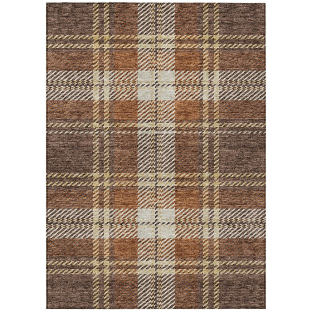 HomeRoots 5' Durable Chocolate Copper and Gold Plaid Indoor Outdoor Area Rug for Timeless Style & Comfort 5' X 8' 596322