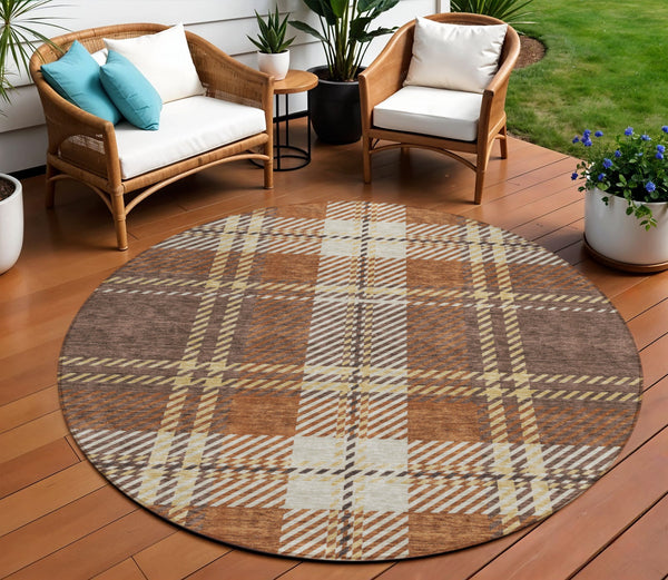 Homeroots 3' Stylish Artichoke Green Brown Ivory Plaid Washable Area Rug For Indoor Outdoor Spaces 8' Round Polyester 596323