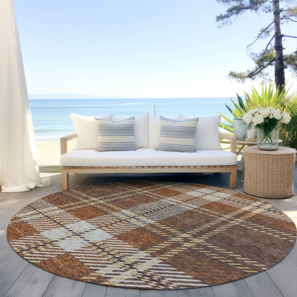 Homeroots 3' Stylish Artichoke Green Brown Ivory Plaid Washable Area Rug For Indoor Outdoor Spaces 8' Round Polyester 596323