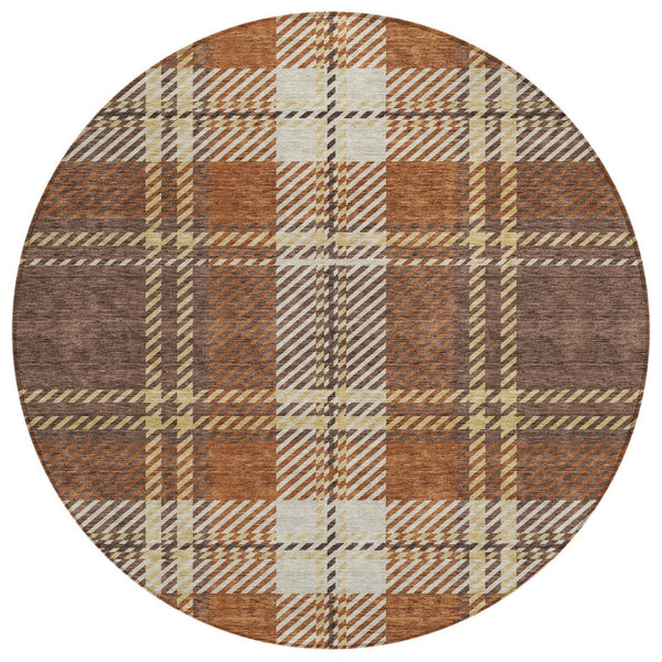 HomeRoots 5' Durable Chocolate Copper and Gold Plaid Indoor Outdoor Area Rug for Timeless Style & Comfort 8' Round 596323