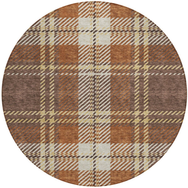 Homeroots 3' Stylish Artichoke Green Brown Ivory Plaid Washable Area Rug For Indoor Outdoor Spaces 8' Round Polyester 596323