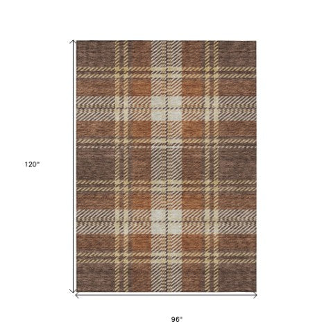 Homeroots 3' Stylish Artichoke Green Brown Ivory Plaid Washable Area Rug For Indoor Outdoor Spaces 8' X 10' Polyester 596324