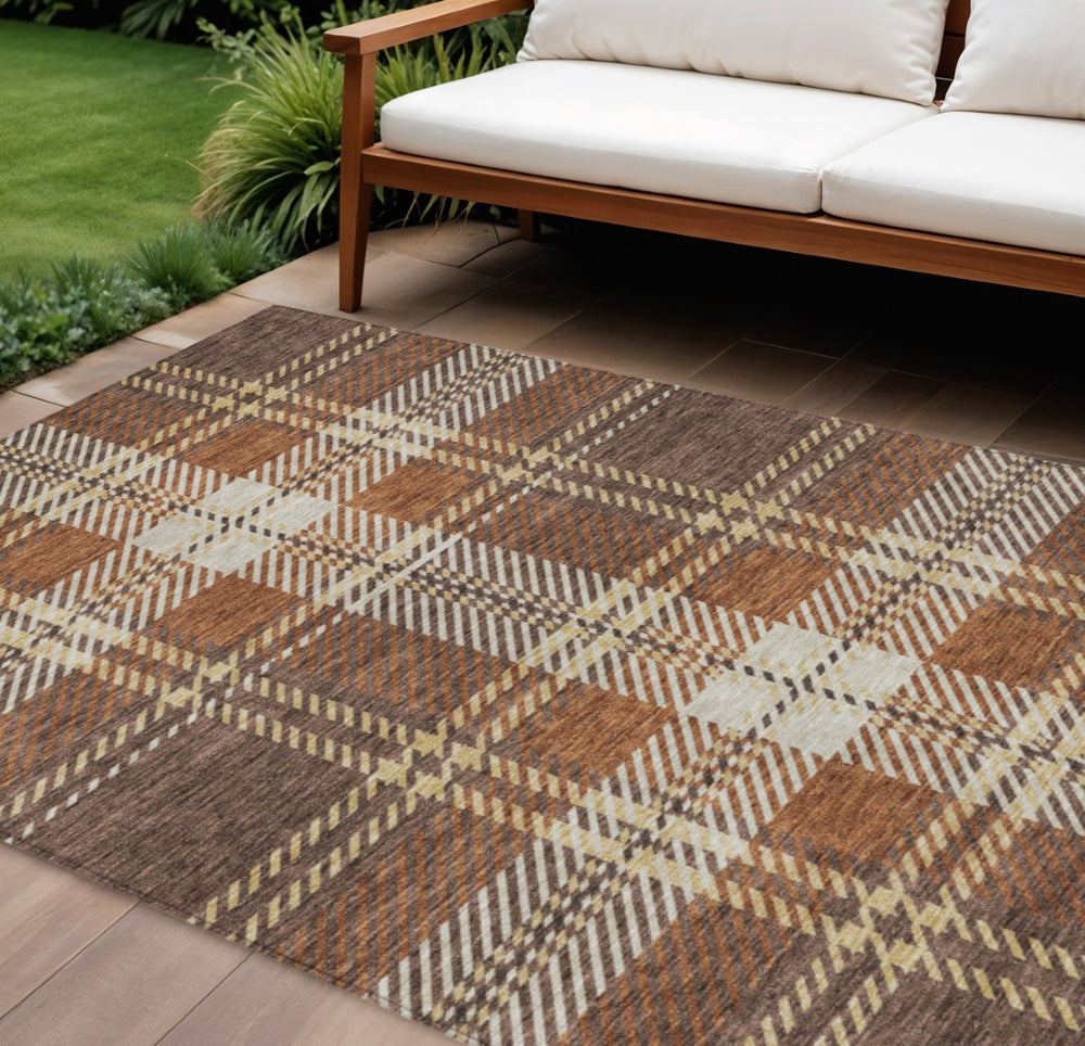 HomeRoots 9' X 12' Stylish Chocolate Copper Gold Plaid Washable Area Rug for Indoor & Outdoor Use, Durable 596325