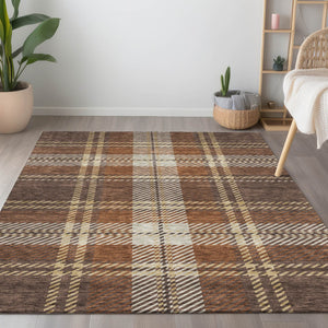 Homeroots 3' Stylish Artichoke Green Brown Ivory Plaid Washable Area Rug For Indoor Outdoor Spaces 9' X 12' Polyester 596325