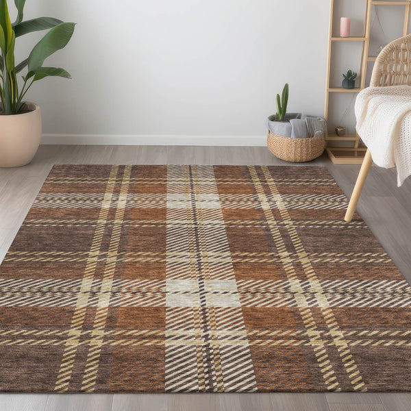 Homeroots 3' Stylish Artichoke Green Brown Ivory Plaid Washable Area Rug For Indoor Outdoor Spaces 10' X 14' Polyester 596326