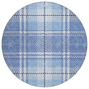 HomeRoots 5' Denim Blue and Ivory Plaid Area Rug - Stylish, Durable, Washable for Indoor and Outdoor Spaces 8' Round 596329