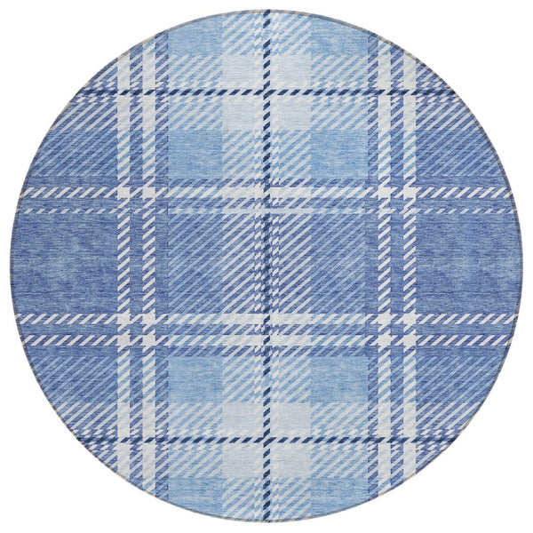 HomeRoots 5' Denim Blue and Ivory Plaid Area Rug - Stylish, Durable, Washable for Indoor and Outdoor Spaces 8' Round 596329