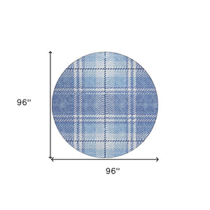 HomeRoots 5' Denim Blue and Ivory Plaid Area Rug - Stylish, Durable, Washable for Indoor and Outdoor Spaces 8' Round 596329