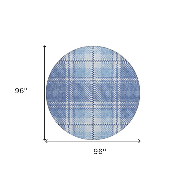 HomeRoots 5' Denim Blue and Ivory Plaid Area Rug - Stylish, Durable, Washable for Indoor and Outdoor Spaces 8' Round 596329