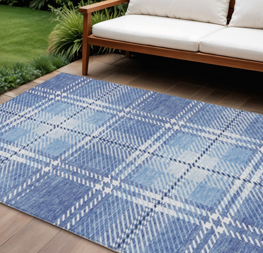 HomeRoots 9' X 12' Denim Blue & Ivory Plaid Area Rug – Stylish, Washable Indoor/Outdoor Choice for Every Home 596331