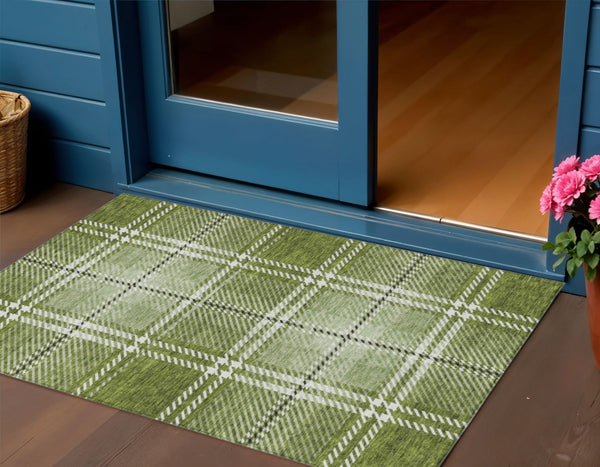 Homeroots 3' Stylish Artichoke Green Brown Ivory Plaid Washable Area Rug For Indoor Outdoor Spaces 3' X 5' Polyester 596333