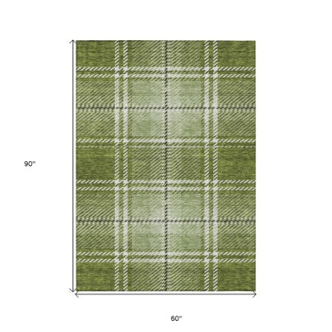 Homeroots 3' Stylish Artichoke Green Brown Ivory Plaid Washable Area Rug For Indoor Outdoor Spaces 5' X 8' Polyester 596334