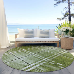 Homeroots 3' Stylish Artichoke Green Brown Ivory Plaid Washable Area Rug For Indoor Outdoor Spaces 8' Round Polyester 596335
