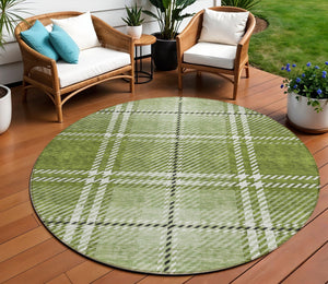 Homeroots 3' Stylish Artichoke Green Brown Ivory Plaid Washable Area Rug For Indoor Outdoor Spaces 8' Round Polyester 596335