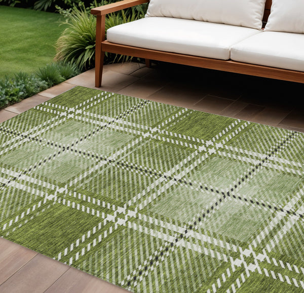 Homeroots 3' Stylish Artichoke Green Brown Ivory Plaid Washable Area Rug For Indoor Outdoor Spaces 10' X 14' Polyester 596338