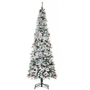 English Elm Homcom 7.5' Snow Flocked Pencil Christmas Tree With 600 Realistic Branches, Pinecones & Berries W2225P229732
