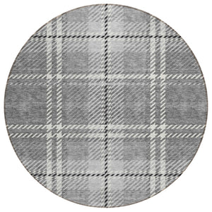 HomeRoots 5' Stylish Gray, Black & Ivory Plaid Washable Area Rug for Indoor/Outdoor High-Traffic Spaces 8' Round 596341