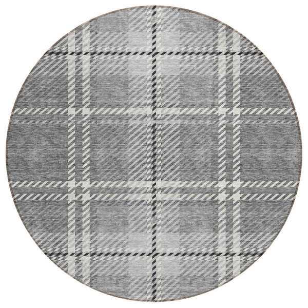 HomeRoots 5' Stylish Gray, Black & Ivory Plaid Washable Area Rug for Indoor/Outdoor High-Traffic Spaces 8' Round 596341
