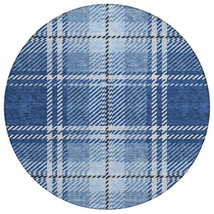 HomeRoots 5' Classic Navy Blue, Black & Ivory Plaid Washable Area Rug for Indoor & Outdoor Versatility 8' Round 596347