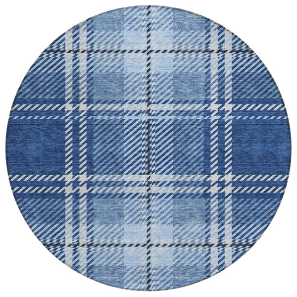 HomeRoots 5' Classic Navy Blue, Black & Ivory Plaid Washable Area Rug for Indoor & Outdoor Versatility 8' Round 596347