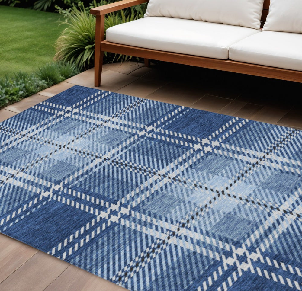 HomeRoots 9' Classic Navy Blue, Black & Ivory Plaid Area Rug - Washable, Durable for Indoor & Outdoor Use! 596349