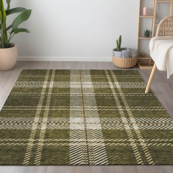 Homeroots 3' Stylish Artichoke Green Brown Ivory Plaid Washable Area Rug For Indoor Outdoor Spaces 3' X 5' Polyester 596351