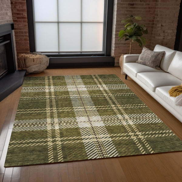 Homeroots 3' Stylish Artichoke Green Brown Ivory Plaid Washable Area Rug For Indoor Outdoor Spaces 3' X 5' Polyester 596351