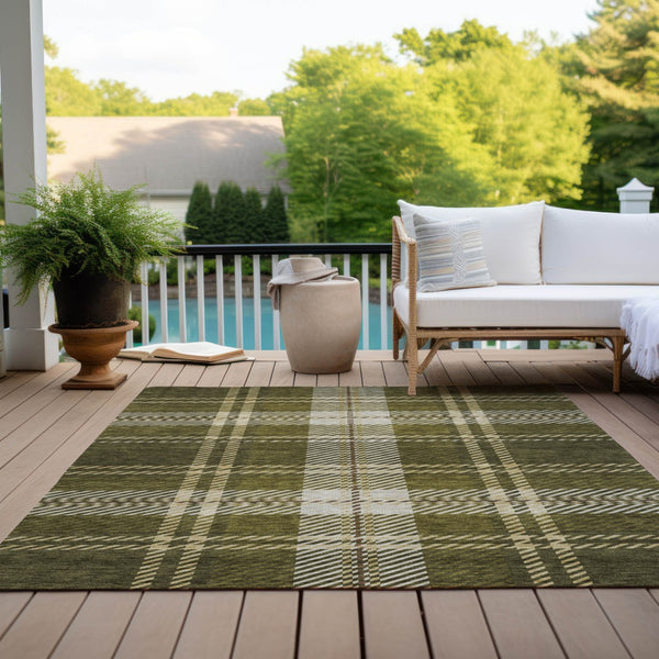 Homeroots 3' Stylish Artichoke Green Brown Ivory Plaid Washable Area Rug For Indoor Outdoor Spaces 3' X 5' Polyester 596351