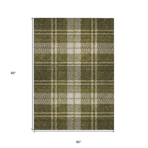 Homeroots 3' Stylish Artichoke Green Brown Ivory Plaid Washable Area Rug For Indoor Outdoor Spaces 5' X 8' Polyester 596352