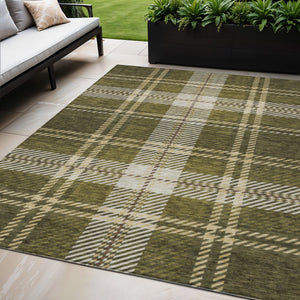 Homeroots 3' Stylish Artichoke Green Brown Ivory Plaid Washable Area Rug For Indoor Outdoor Spaces 5' X 8' Polyester 596352
