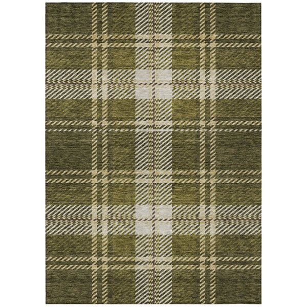 HomeRoots 5' Olive Green Gold and Brown Plaid Indoor Outdoor Area Rug - Durable, Washable, Timeless Style 5' X 8' 596352