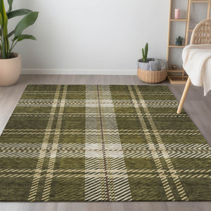 Homeroots 3' Stylish Artichoke Green Brown Ivory Plaid Washable Area Rug For Indoor Outdoor Spaces 5' X 8' Polyester 596352