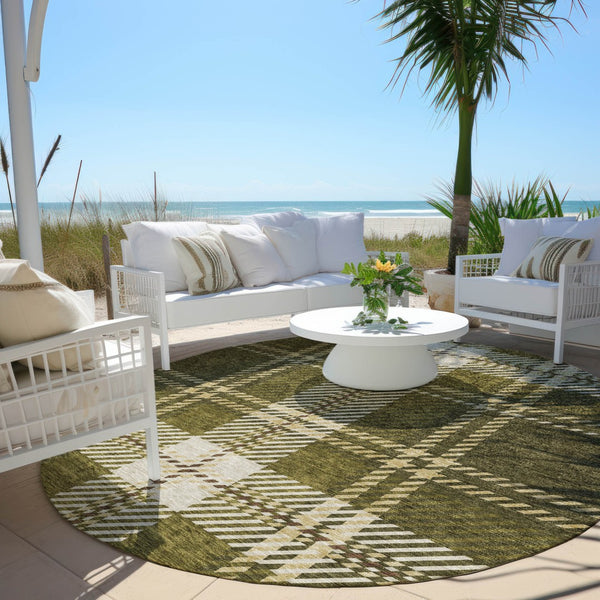 Homeroots 3' Stylish Artichoke Green Brown Ivory Plaid Washable Area Rug For Indoor Outdoor Spaces 8' Round Polyester 596353