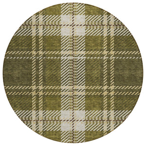 HomeRoots 5' Olive Green Gold and Brown Plaid Indoor Outdoor Area Rug - Durable, Washable, Timeless Style 8' Round 596353