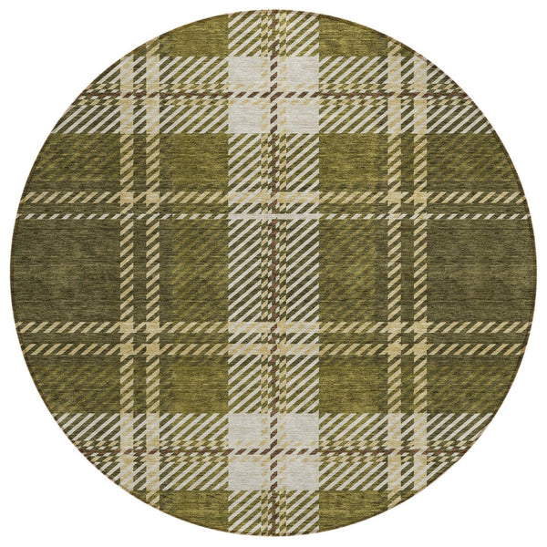 HomeRoots 5' Olive Green Gold and Brown Plaid Indoor Outdoor Area Rug - Durable, Washable, Timeless Style 8' Round 596353