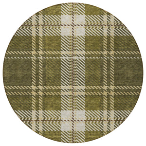 Homeroots 3' Stylish Artichoke Green Brown Ivory Plaid Washable Area Rug For Indoor Outdoor Spaces 8' Round Polyester 596353