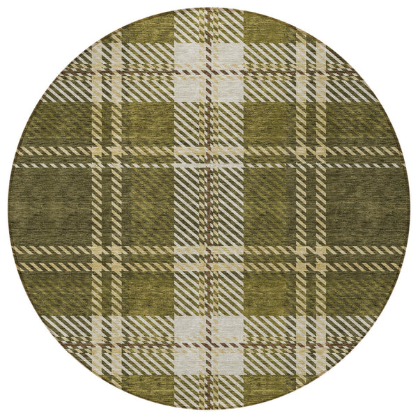 Homeroots 3' Stylish Artichoke Green Brown Ivory Plaid Washable Area Rug For Indoor Outdoor Spaces 8' Round Polyester 596353