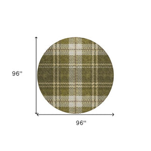 Homeroots 3' Stylish Artichoke Green Brown Ivory Plaid Washable Area Rug For Indoor Outdoor Spaces 8' Round Polyester 596353